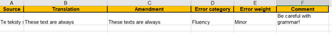Comments in the translation quality measurement tool