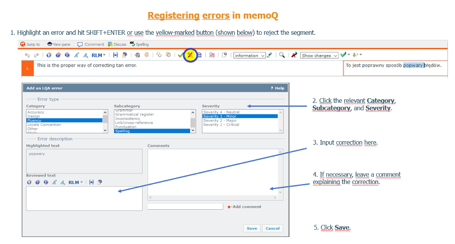 Display example of registering errors in memoq