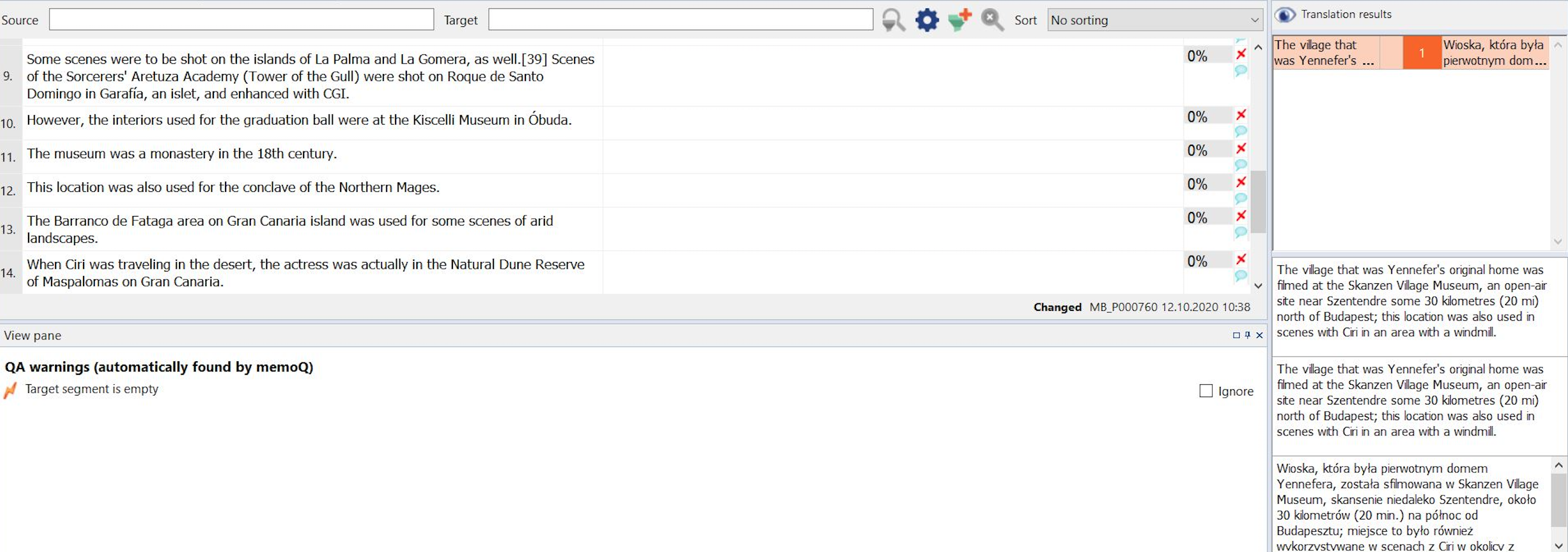 Example of memoq translation tool interface at work